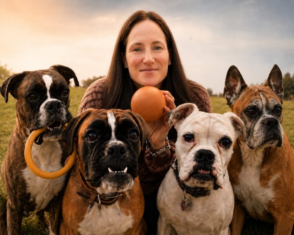 Gruppe_mitUte_von-KI-erstellt Gründerin Ute mit ihren 4 Hunden und Töys-Spielzeug. Das Bild wurde mit KI erstellt, da die vier Hunde Energiebündel sind, und niemals für ein Gruppenbild lang genug stillhalten würden.